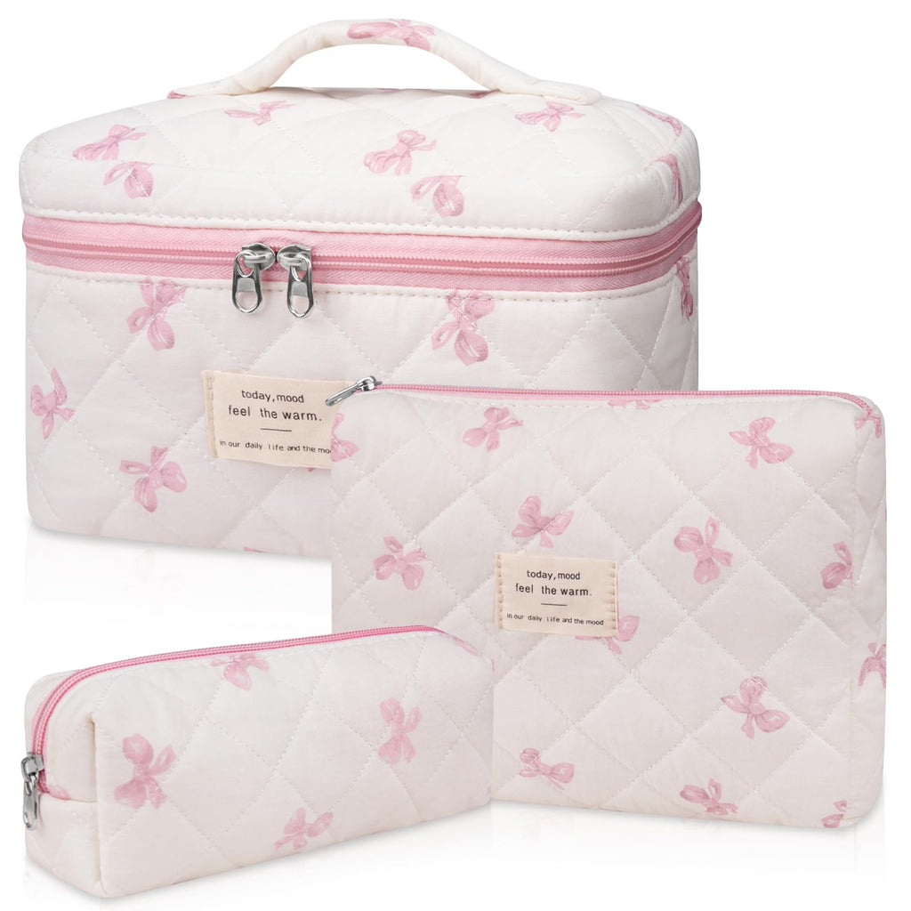 Gosect 3PC Makeup Bag Set, Quilted Makeup Bag Set, Large Floral Cosmetic Bag for Women, Cute Cotton Makeup Bags, Flower Travel Toiletry Organizer Bag (White Pink Bow Tie)