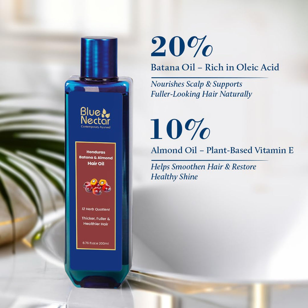 Blue Nectar Batana Oil for Thicker Hair | Pure Honduras Batana for Hair Growth with Organic Almond | Ayurvedic Hair Growth Oil for Stronger Hair (12 Herbs, 6.76 FlOz)