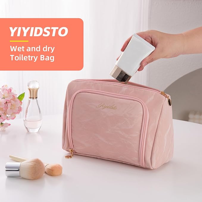 YIYIDSTO Cosmetic Bag Travel Makeup Bag Large Capacity Small Travel Zipper Pouch Makeup Organizer Bag for Women (Pink-2 Pack)