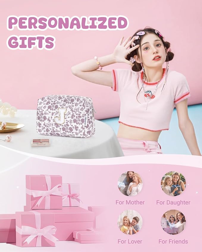 Narwey Birthday Gifts for Teen Girls Kids Women Personalized Initial Floral Makeup Bag Cute Cosmetic Trendy Stuff 6 8 10 11 12 13 14 16 18 Years Old Travel Toiletry Bag (Little Dusty Pink Flower J)