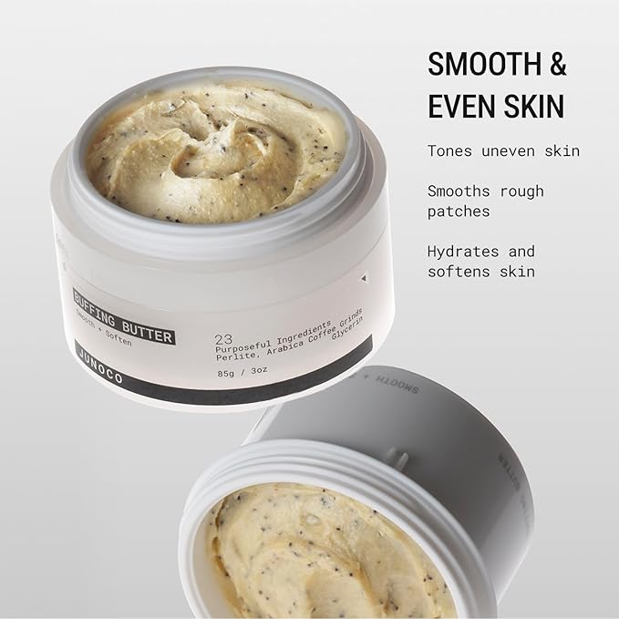JUNOCO Silky Buffing Butter Scrub – Gentle Exfoliating Body Scrub for Smooth Skin, Creamy Body Polish with Perlite, Arabica Coffee Grinds & Glycerin, Pear-Floral Scent, 85 g