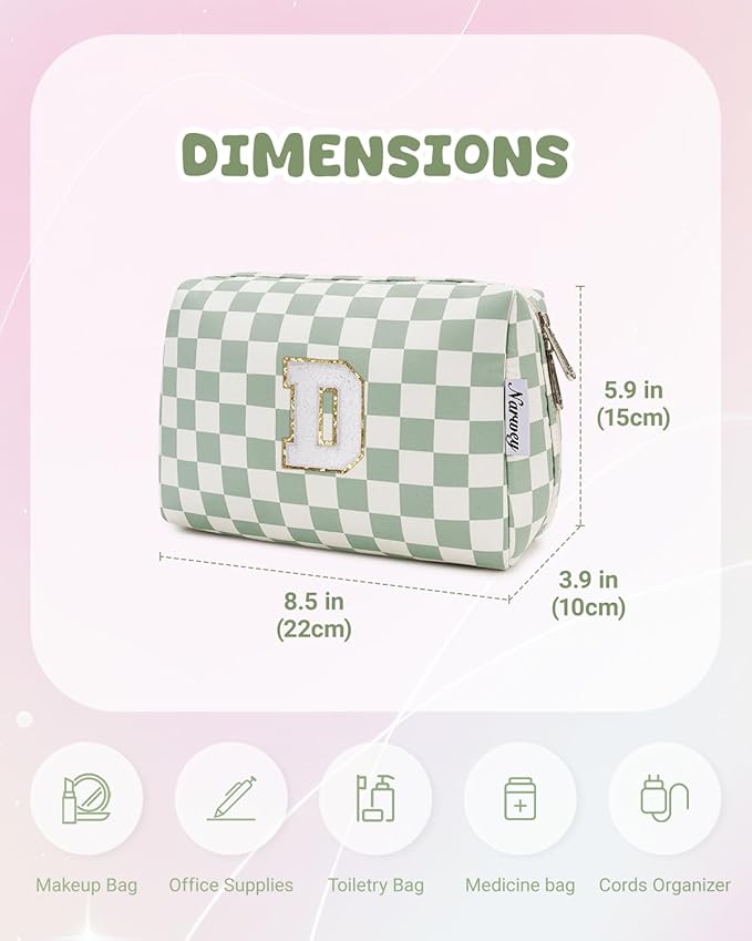 Narwey Birthday Gifts for Teen Girls Women Personalized Initial Checkered Makeup Bag Preppy Cosmetic Bag Trendy Stuff 6 8 10 11 12 13 14 16 18 Years Old Travel Toiletry Bag (Green Letter D)
