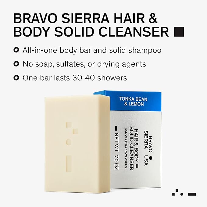 Bravo Sierra Body & Hair All-In-One Soap Bar - Tonka Bean & Lemon, 7 oz - Coconut, Shea Butter and Oat Flour for Soft Skin and Healthy Hair