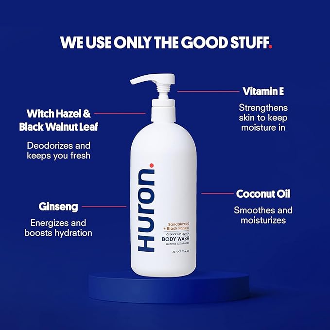 Huron Jumbo Shower Kit - Shampoo, Conditioner, & Body Wash For Men - Sandalwood + Black Pepper Scent - Hydrating & Nourishing Men’s Shampoo & Conditioner (30.3 Oz Each)