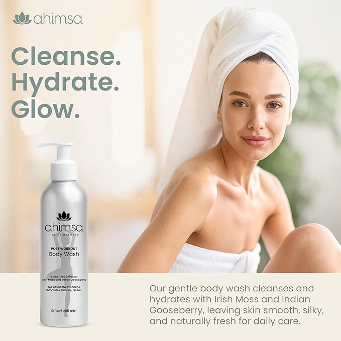Ahimsa Gentle All Natural Body Wash for Women, Moisturizing Body Wash Sensitive Skin, Dry Skin & All Complexions, Invigorating Spearmint & Ginger Antioxidant-Rich, Plant-Based Sulfate Free (10oz)