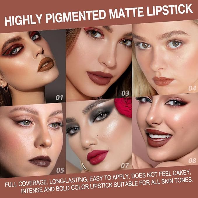 BINGBRUSH 6pcs Brown Lip Liners Set,Ombre 2-in-1 Lip Liners & Lipstick set