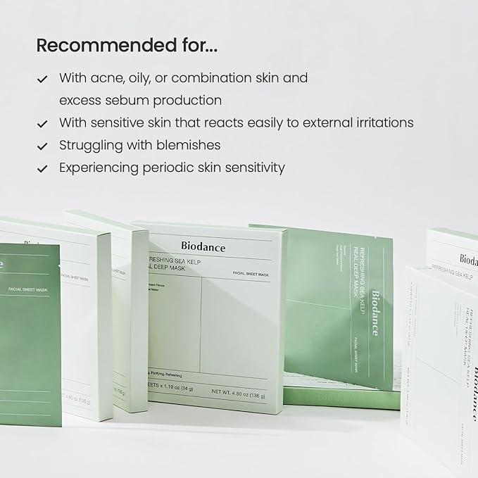 BIODANCE Refreshing Sea kelp Real Deep Mask, Overnight Hydrogel Face Mask, Calming, Oil & Sebum Control, Blemish Care, After Sun Care, Sunburn Relief, Korean Skin Care | 1.19oz(34g) x 4ea
