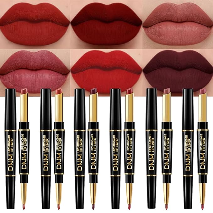 BINGBRUSH 6Pcs Matte Lipstick Set for Women, Double Ended Lipstick with Lip Liner, Mauve Ruby Deep Red Nude Lip Color Kit, Waterproof Long Lasting Non Transfer Velvet Finish Lip Makeup Gift Set