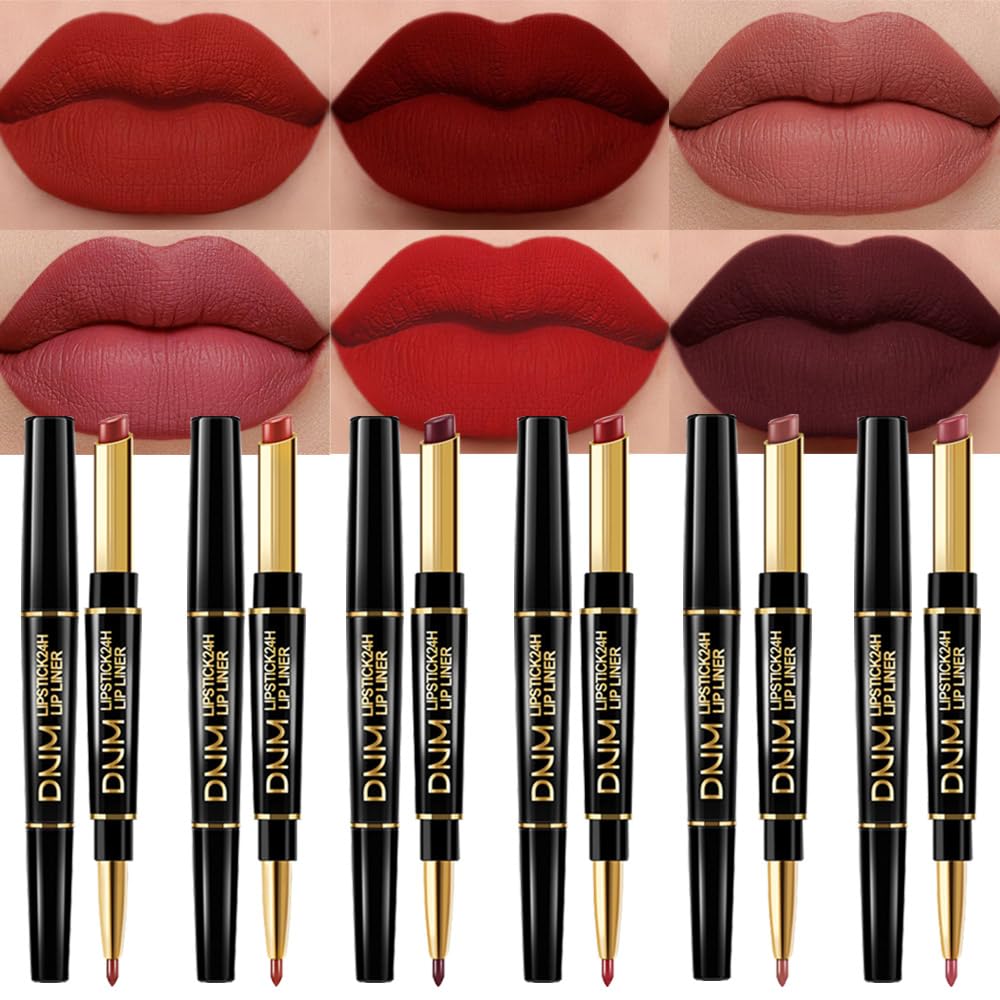 BINGBRUSH 6Pcs Matte Lipstick Set for Women, Double Ended Lipstick with Lip Liner, Mauve Ruby Deep Red Nude Lip Color Kit, Waterproof Long Lasting Non Transfer Velvet Finish Lip Makeup Gift Set