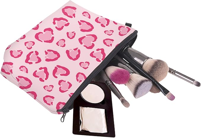 Aiphamy Cute Travel Makeup Bag Cosmetic Bag Small Pouch Gift for Women (Heart Leopard Pink)
