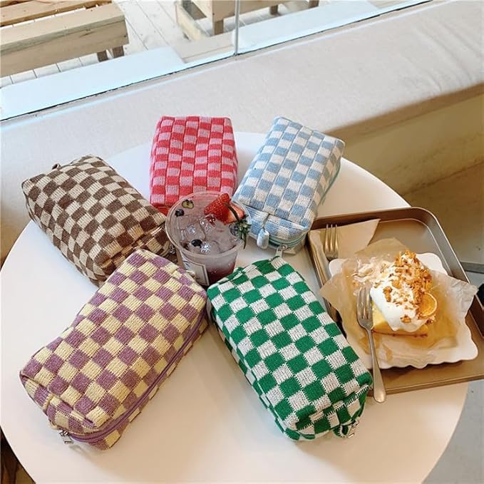 Checkered Makeup Bag for Purse, Small Travel Cosmetic Pouch,Green,6 Pack
