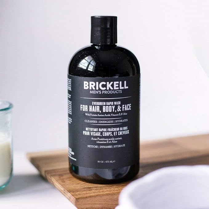 Brickell Men's Rapid Wash, 3 in 1 Body Wash Gel for Men, With Aloe, Vitamin E, and Jojoba Oil, 16 Ounce, Evergreen Scent