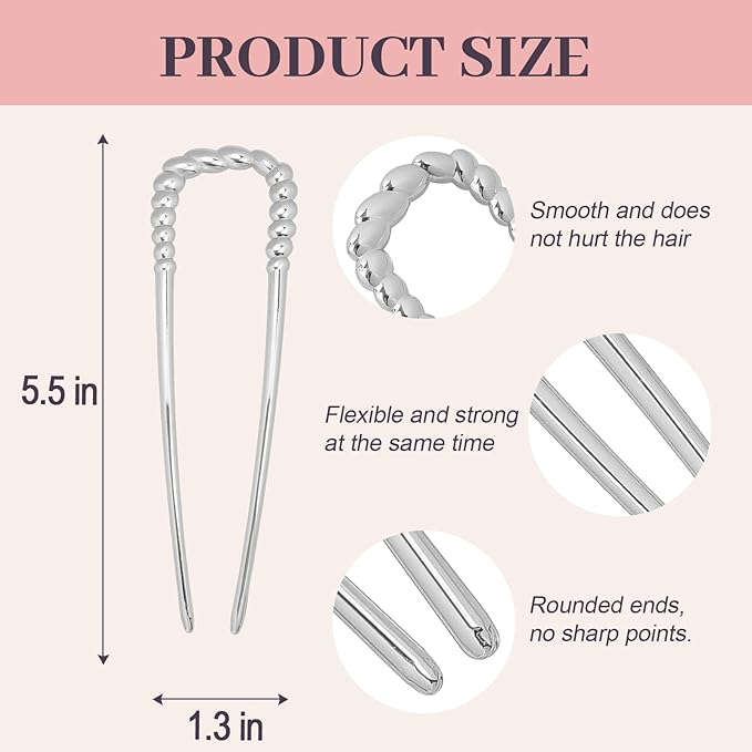 JIRIS 2PCS 5.5Inch French Hair Pins Large U-Shaped Pins for Women and Girls Fashion Metal Hair Pin French Twist Hair Pins for Buns, Updos,Stylish and Functional(set4-silver)