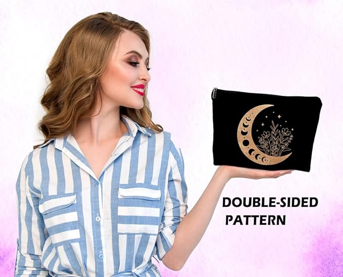 Dwept Boho Floral Celestial Crescent Moon Phase Makeup Bag, Mystical Crescent Moon Linen Makeup Travel Toiletry Bag, Abstract Floral Moon Cosmetic Bag Gifts For Girls Women Daughter Sister