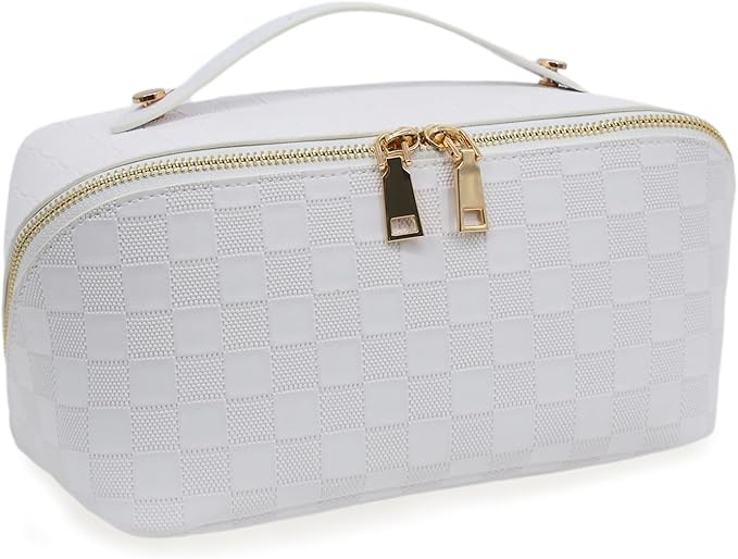 JINYIBAGS Travel Makeup Bag – Large Cosmetic Organizer with Waterproof PU Leather, Smooth Double Zipper & Tear-Resistant Lining, Toiletry Pouch for Women (White)