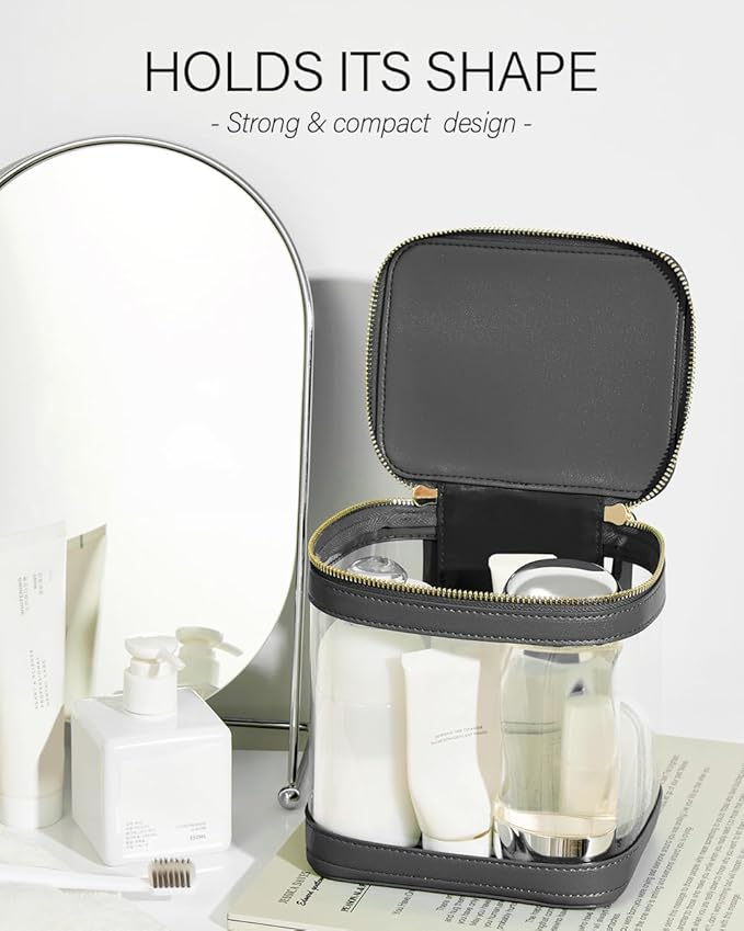 ROWNYEON Clear Makeup Bag, Travel Toiletry Bag Transparent Cosmetic Case with Zipper, Portable Make Up Organizer Clear Car Bag for Essentials with Handle (Black)