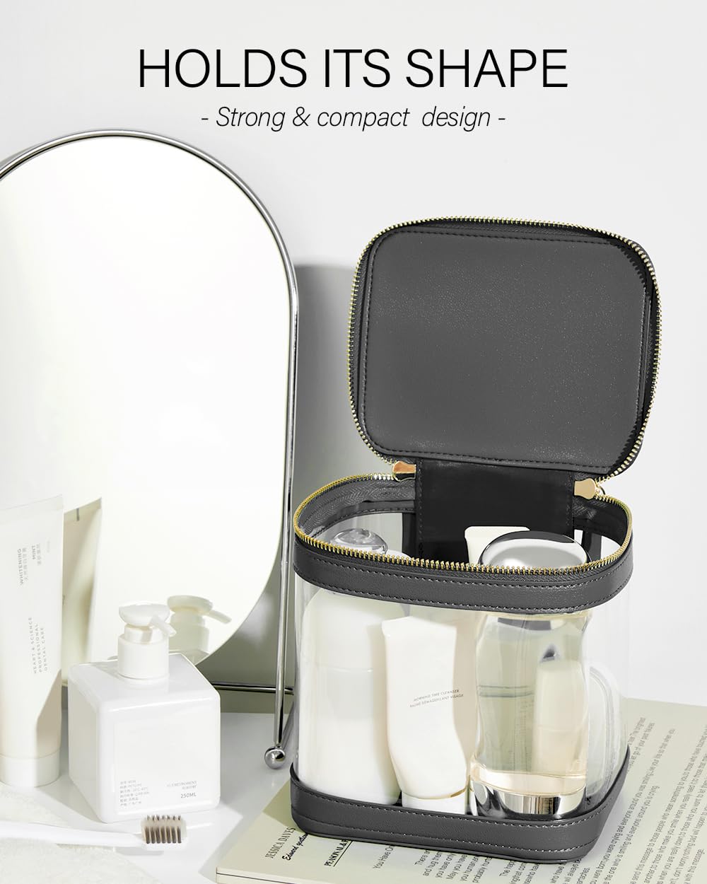 ROWNYEON Clear Makeup Bag, Travel Toiletry Bag Transparent Cosmetic Case with Zipper, Portable Make Up Organizer Clear Car Bag for Essentials with Handle (Black)