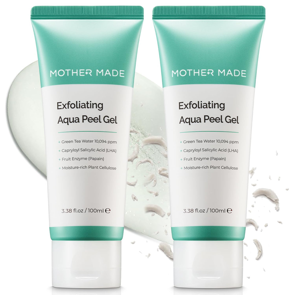 MOTHER MADE LHA Green Tea Exfoliating Aqua Peel Gel, Pore Care, Gentle Facial Exfoliator, Dead Skin Remover, Natural Cellulose for Peeling, Vegan, Korean Skincare, 2 Pack (100ml / 3.38 fl.oz)