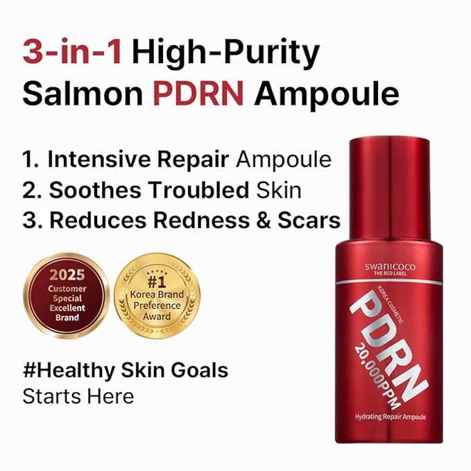 SWANICOCO Premium 20,000ppm PDRN Serum Ampoule, 99.9% Pure Salmon DNA, 2% Concentration, Anti-Aging, Firming, Plumping, Beach Vacation Essentials, Korean Beauty 30ml 1Fl Oz