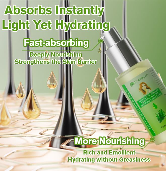 FrexNutri Rosemary Oil for Hair Growth (2 x 60ML), Organic Pure Rosemary Essential Oil for Hair & Scalp, Leak-Proof Bottle with Precision Press Dispenser, Multi-Purpose for Hair, Skin & Aromatherapy