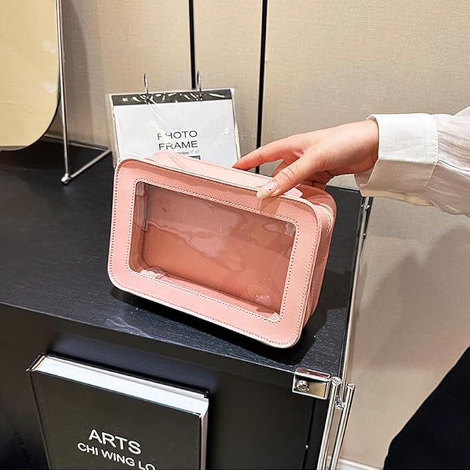 FFpaw Clear Makeup Bag, Pink Travel Makeup Pouch Toiletry Bag for Women Waterproof Small Cosmetic Bag Case Small Make Up Bag with Zipper Car Organizer Car Essentials for Women Men