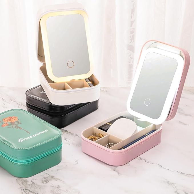 Custom Name Travel Makeup Bag with Led Mirror Cute Small Makeup Bags for Women Teen Girls Mom Personalized Birth Flower Jewelry Makeup Box Organizer with Light Up Mirror Floral Makeup Case Make Up Bag