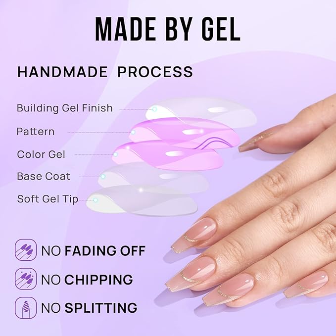 BTArtbox Press On Nails, Gilded French, Long Coffin, Gold Foil, 32Ct