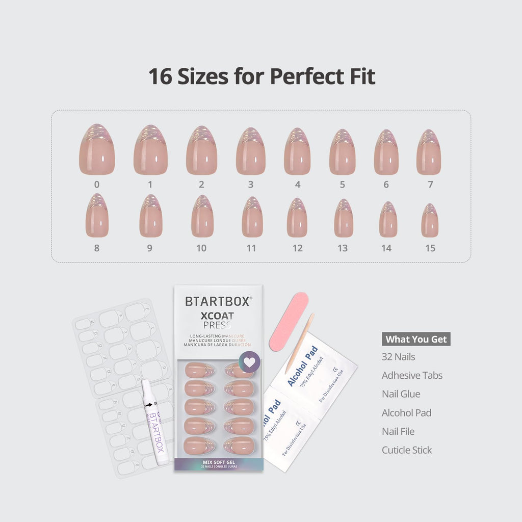 BTArtbox Press On Nails, Athena, Short Almond, Aurora French Tip, 32Ct