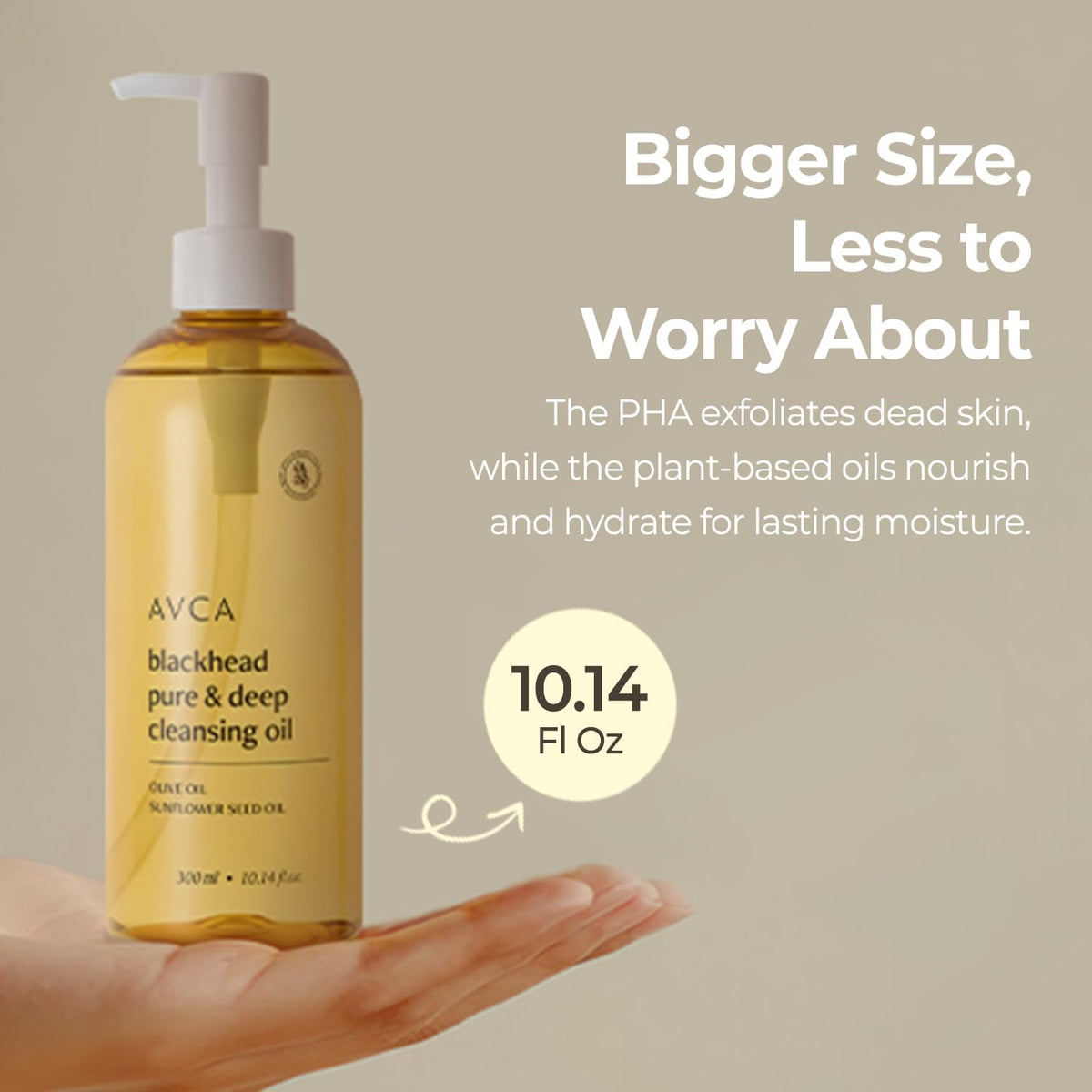 AVCA Jumbo Size Blackhead Remover Cleansing Oil 10.14 fl oz (300ml) – K-Beauty Pore Care Cleanser with PHA, Dissolves Makeup & Sebum, Gentle Exfoliating Oil Cleanser for Oily & Normal Skin