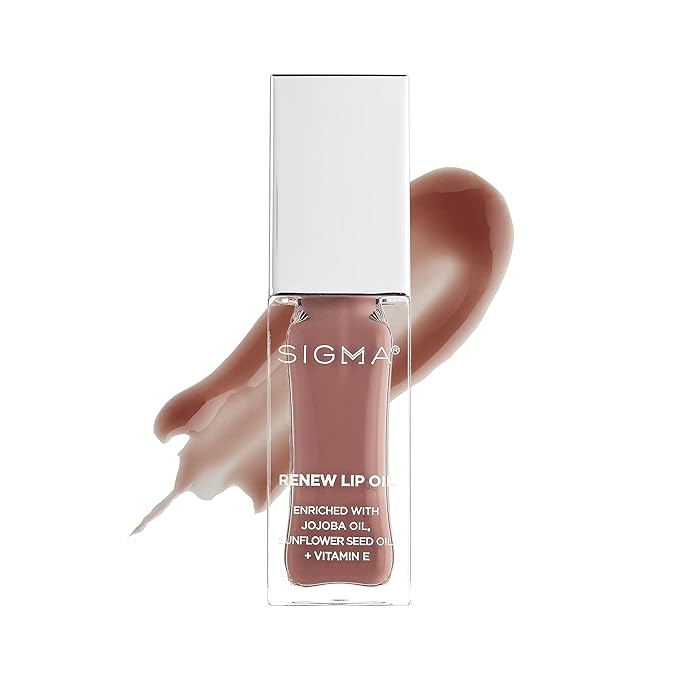 Sigma Beauty Renew Lip Oil – Tinted Hydrating Gloss with High-Shine Color & Long-Lasting Moisture for Soft Supple Lips, Non-Sticky Formula with Nourishing Antioxidants (Neutral Nude Sheen)