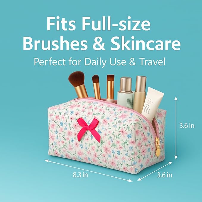 OIMEI Floral Quilted Pouch Cotton Makeup Bag for Women, Large Capacity Travel Cosmetic Pouch with Zipper, Cute Toiletry & Brush Organizer, Kawaii Makeup Storage Case – Rose Red Floral