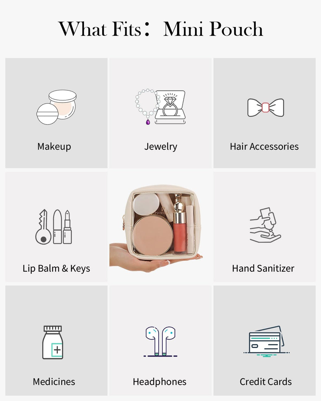 Pocmimut Clear Makeup Bag,Easy to Find Mini Makeup Bag for Purse,Travel Makeup Bag for Car, Compact Cosmetic Pouch for Daily Essentials,Beige
