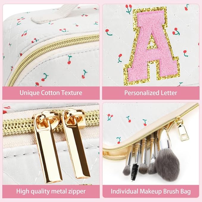 Personalized Travel Makeup Bag Set,Initial Travel Cute Cherry Makeup Organizer Bag,Toiletry Skincare Cosmetic Bag,Christmas Gifts for Women/Girls,Open Flat Toiletry Pouch with Brush Pocket-A