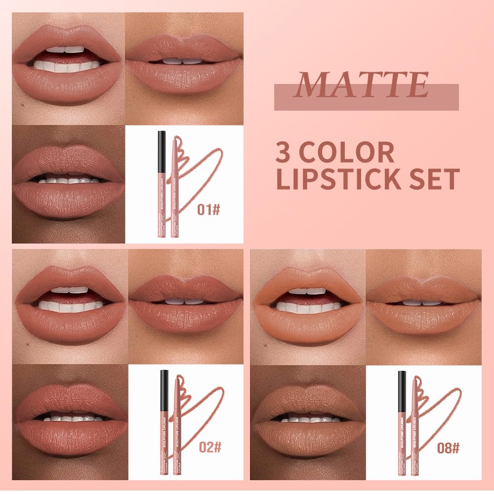 K14 Hxssll 12 Colors Matte Lip Liner Pencil – Long Lasting Waterproof Lip Liner, Smudge Proof Transfer Proof Lip Pencil, High Pigment Lip Makeup for Defining & Filling Lips (A1-set:01+02+08, 3PCS)