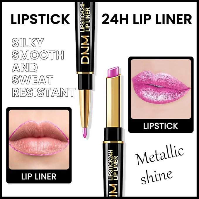HHLTOH 2-in-1 Fuchsia Lip Liner & Lipstick Set Kit for Women, Metallic Lips Kit with Lip Liner Lip Stains Long Lasting Waterproof 24 Hour Lipstick and Lip Liners Combo Lipliners Pencil Set 19
