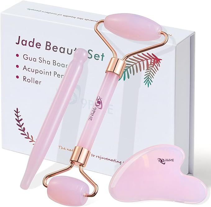 9 9PINE Valentines Day Gifts for Women,Wife,Girls,3-in-1 Gua Sha & Jade Roller Facial Tools Set -Jade Roller & Gua Sha Kit& Facial Massage PenFacial Massage Device for Skincare, Best Gift (Pink)