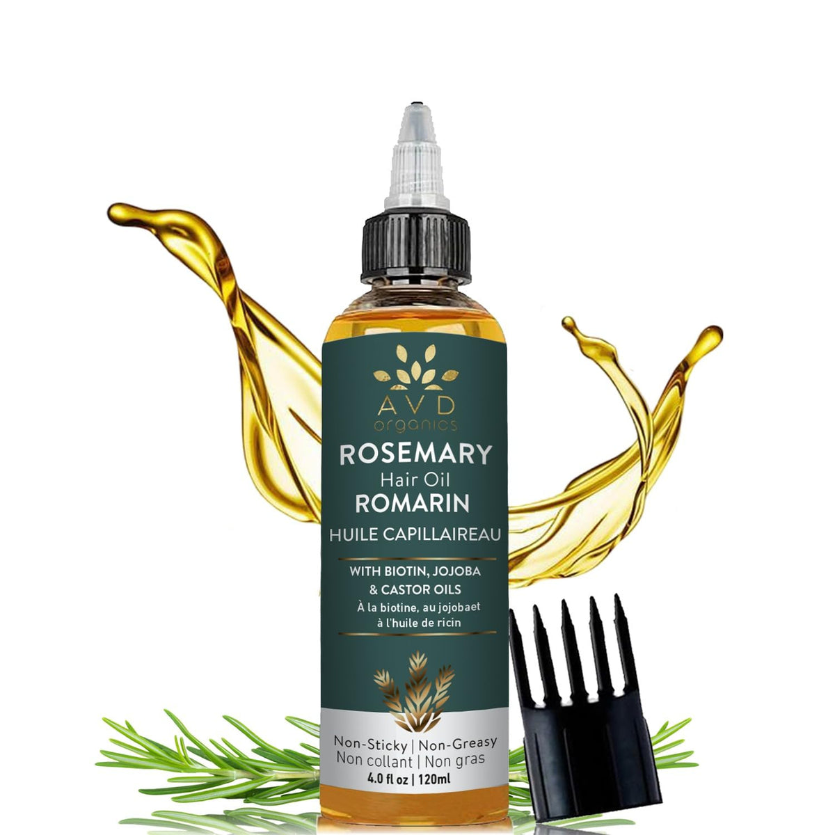 AVD ORGANICS Rosemary Oil for Hair Growth & scalp | Infused with Biotin | Hair Strengthening, Nourishing and Volumizing | infused with Jojoba & Castor Oil | NON - GMO 120ml