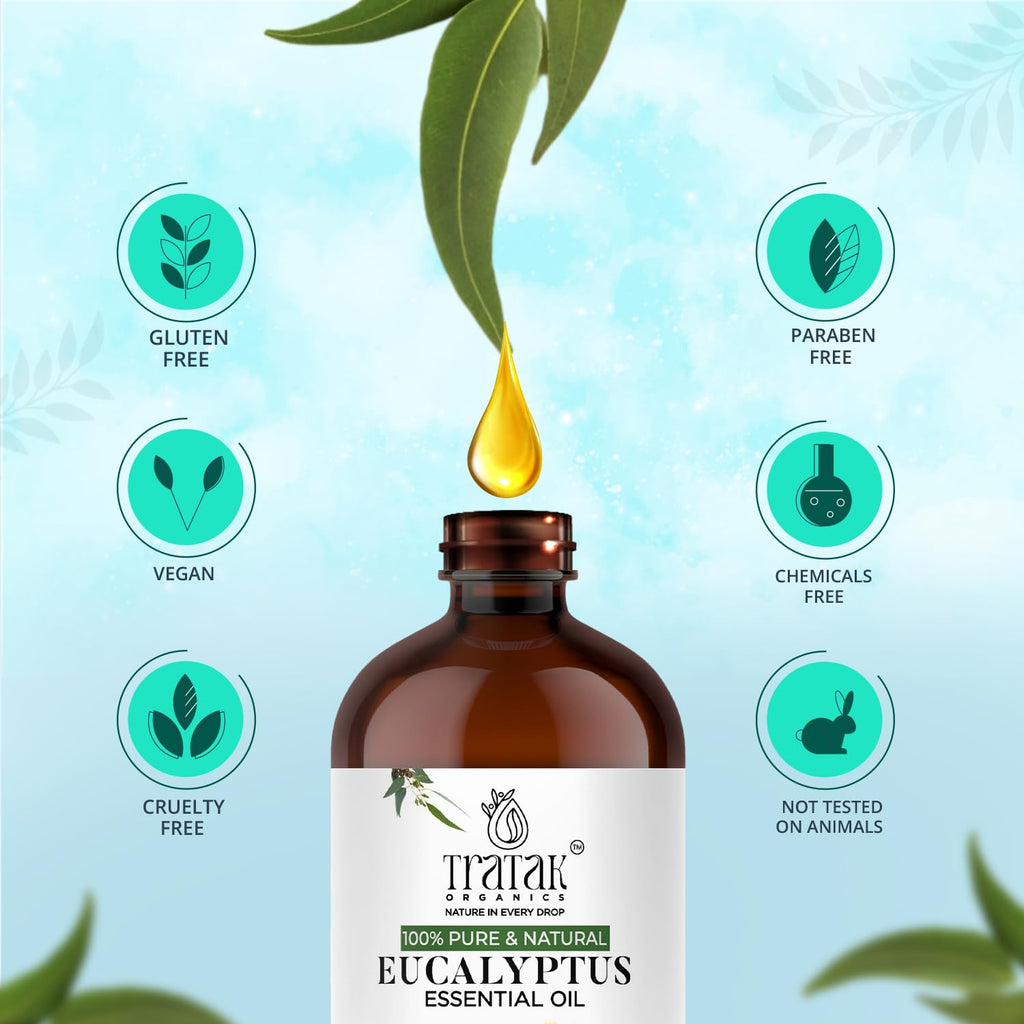 TRATAK ORGANICS 100% Pure Natural Undiluted Eucalyptus Essential Oil (4oz) Premium Therapeutic Grade Aromatherapy