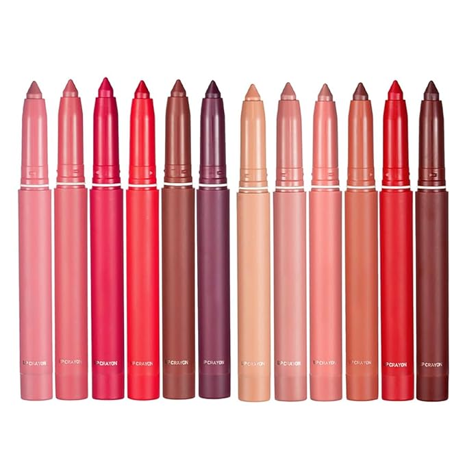 Pakivs 12 Colors Crayon Lipstick Set, Non-Fading Non-Stick Cup Matte Lipstick Pen Waterproof Long Lasting Velvet Lipstick Pencil Lip Liner (Set A + Set B)