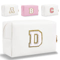 Small Personalized Letter Makeup Bag, Cute PU Leather Chenille Letters Cosmetic Bag Travel Makeup Pouch, Preppy Travel Organizer Zipper Pouch for Women&Girls（White-D）