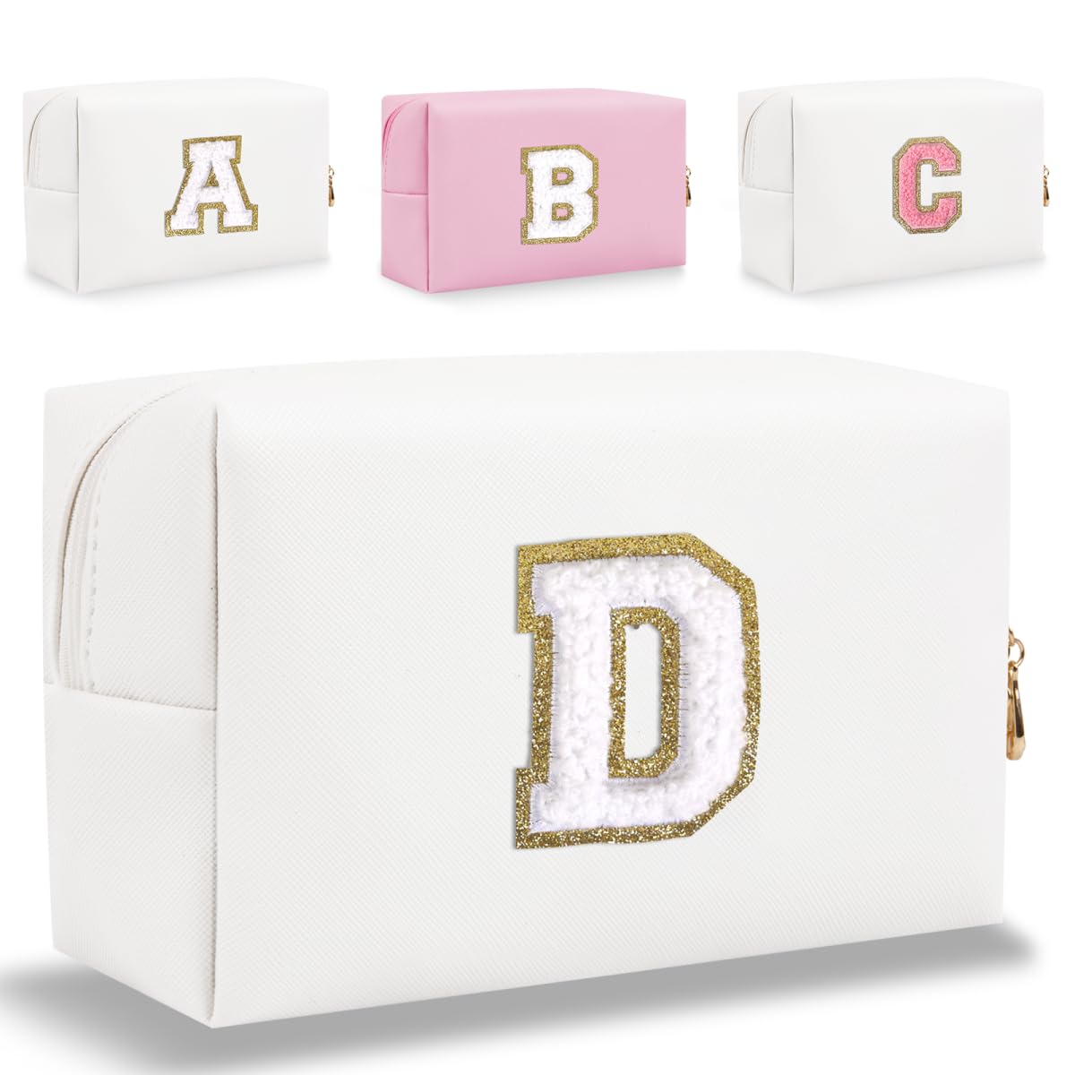 Small Personalized Letter Makeup Bag, Cute PU Leather Chenille Letters Cosmetic Bag Travel Makeup Pouch, Preppy Travel Organizer Zipper Pouch for Women&Girls（White-D）