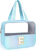 Junesters Personalized Initial E Clear Blue Makeup Bag - Large Travel Toiletry Bag, Cute Cosmetic Organizer Set for Girlfriend, Teacher, Teen Girl Gifts