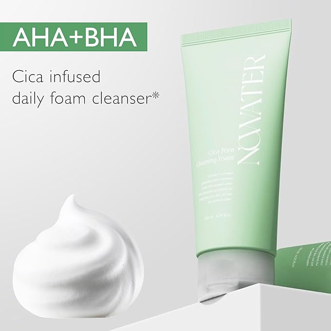 NOWATER Korean Foaming Face Wash with Centella (Cica) – Pore Cleansing Foam Cleanser for Oily & Acne-Prone Skin, Hyaluronic Acid, Aloe Vera & AHA BHA, Daily Gentle Sebum Control, (4.05 fl.oz)