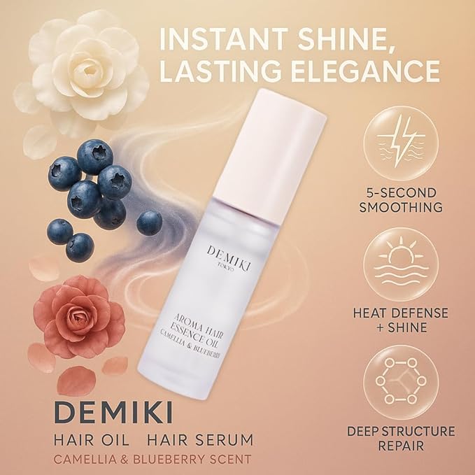 DEMIKI Japanese Hair Oil, Anti-Frizz Smoothing Serum for Dry Hair 1.18oz