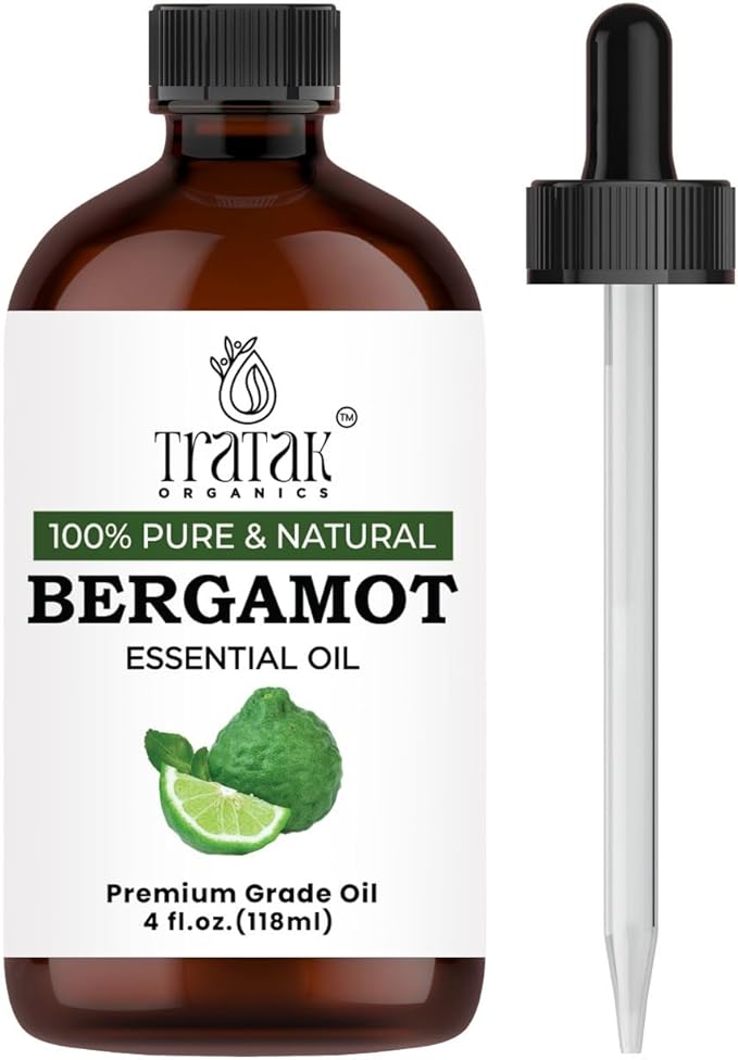 TRATAK ORGANICS Bergamot Essential Oil for Diffuser and Skin - 4 Fl Oz - 100% Pure Natural Bergamot Oil for Aromatherapy, Hair Shampoo, Bath Bomb & Soap Making Scent DIY
