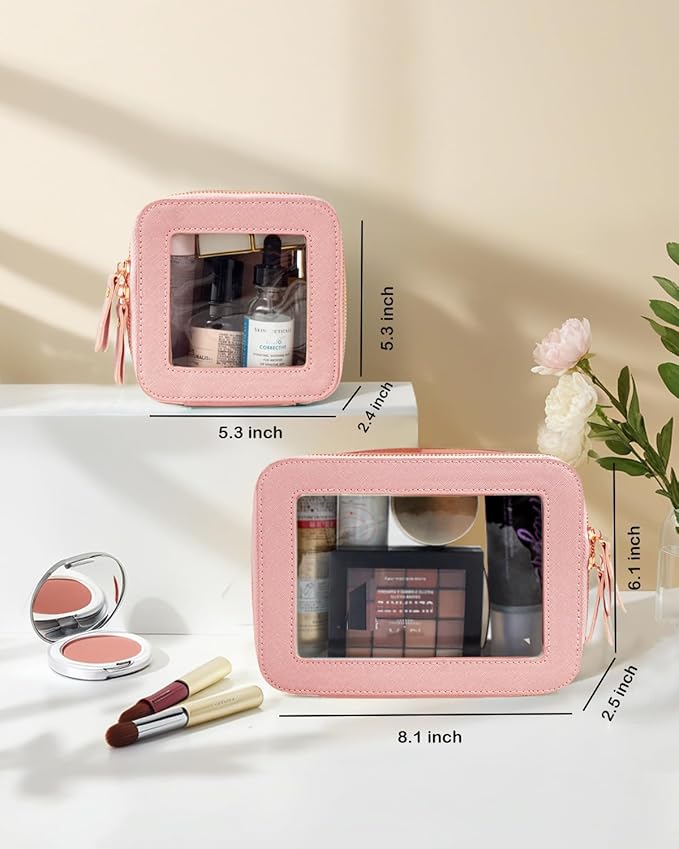Clear Makeup Bag Set, Small Pink Makeup Bag TSA Approved Toiletry Bag Cosmetic Travel Bag Cute Makeup Organizer Mini Makeup Case Pouch Car Organizer Car Essentials for Women American Mahjong Bag