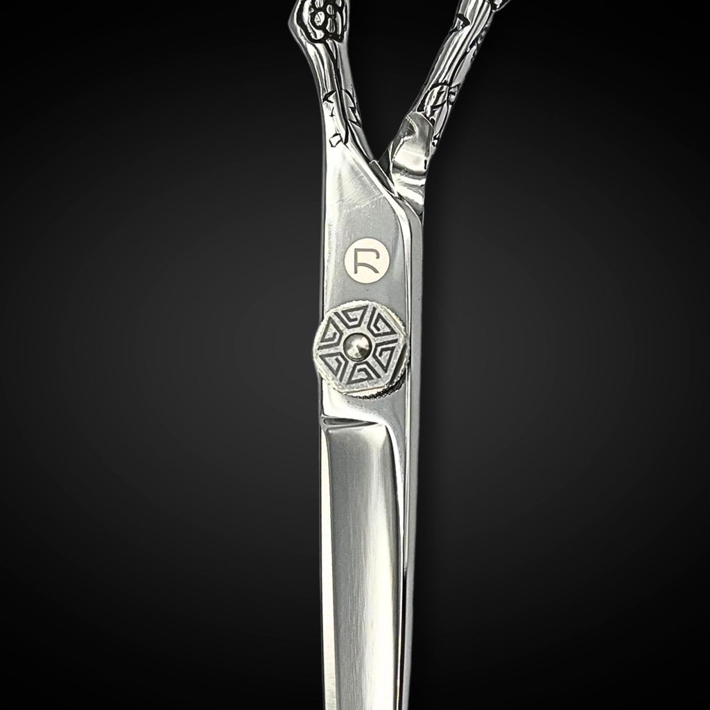 Saki Shears 6 Inch Set of Hair Cutting and Thinning Scissors With Flower Design on Handle and Finger Holes - 440C Stainless Steel - Professional Hair Cutting Set (Silver)