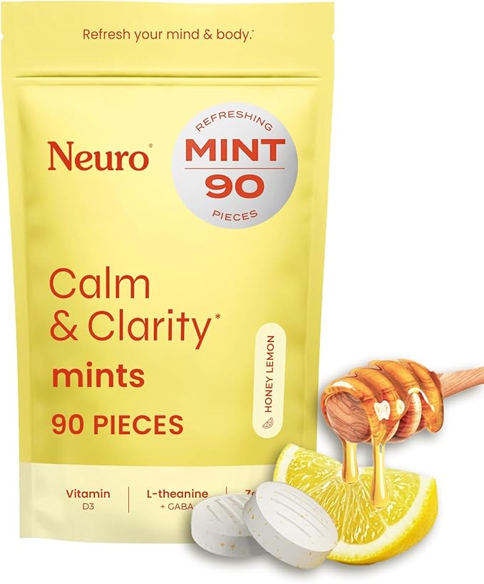 Neuro Calm & Clarity Mints - GABA L-Theanine Stress Supplement with Vitamin D3 - Non-Drowsy, Functional Calming Mints for Mood, Mental Clarity & Cognitive Function - Honey Lemon, 90 ct