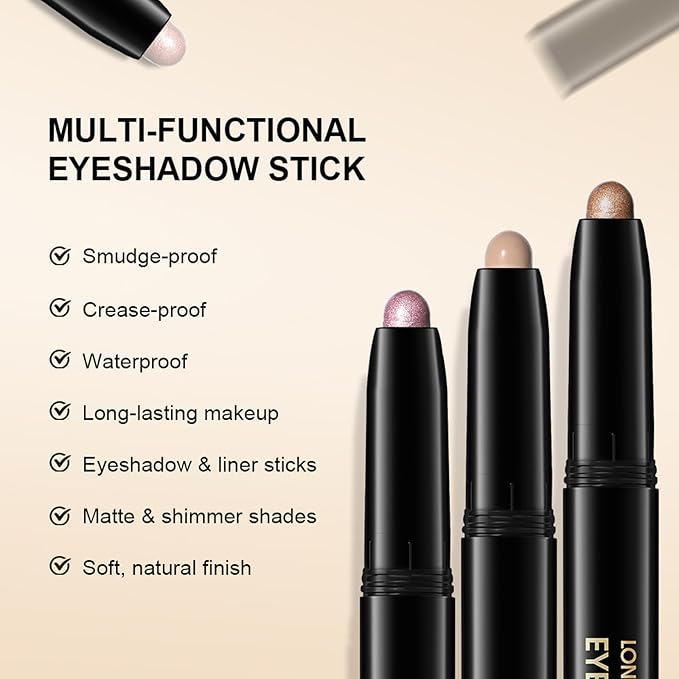 CHIFURE Eyeshadow Stick, Shimmer and Matte Cream Eye Shadow Brightener Sticks Eyeliner Pencil Crayon, Waterproof Long Lasting Eye Highlighter Stick Makeup,0.056 Oz(2PCS #1-Caramel+#9-Champagne)