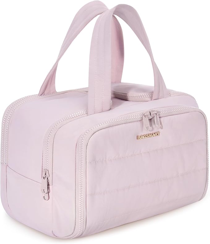 BAGSMART Travel Toiletry Bag, Crush Toiletry Bag for Women, Wide-open Puffy Toiletry Bags for Traveling, Large Travel Cosmetic Makeup Bag Organizer for Accessories,Toiletrie, Pink